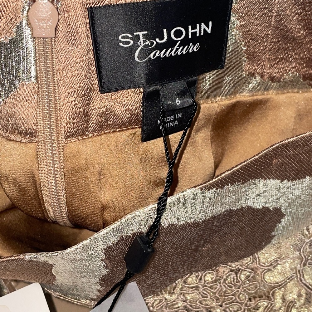 NWT St. John Couture Metallic Silk Lace Giraffe Print Belted A-line Skirt Size 6 - Picture 2 of 14